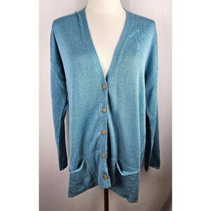J. Jill Teal Cardigan Medium Petite Linen Cotton Blend Long Sleeve Pockets